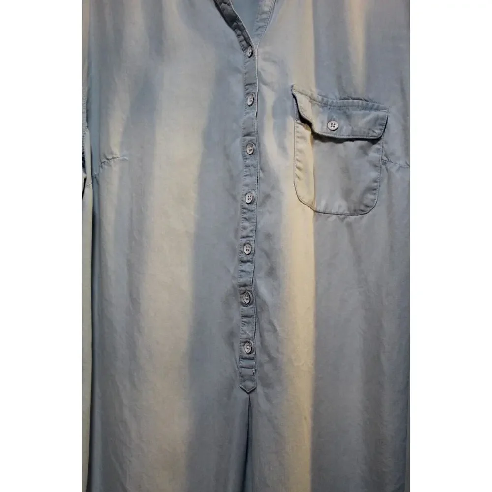 Merona Blue Chambray Shirt Dress 1/2 Button-up Women's XXL Pockets Long Sleeve - Picture 2 of 10